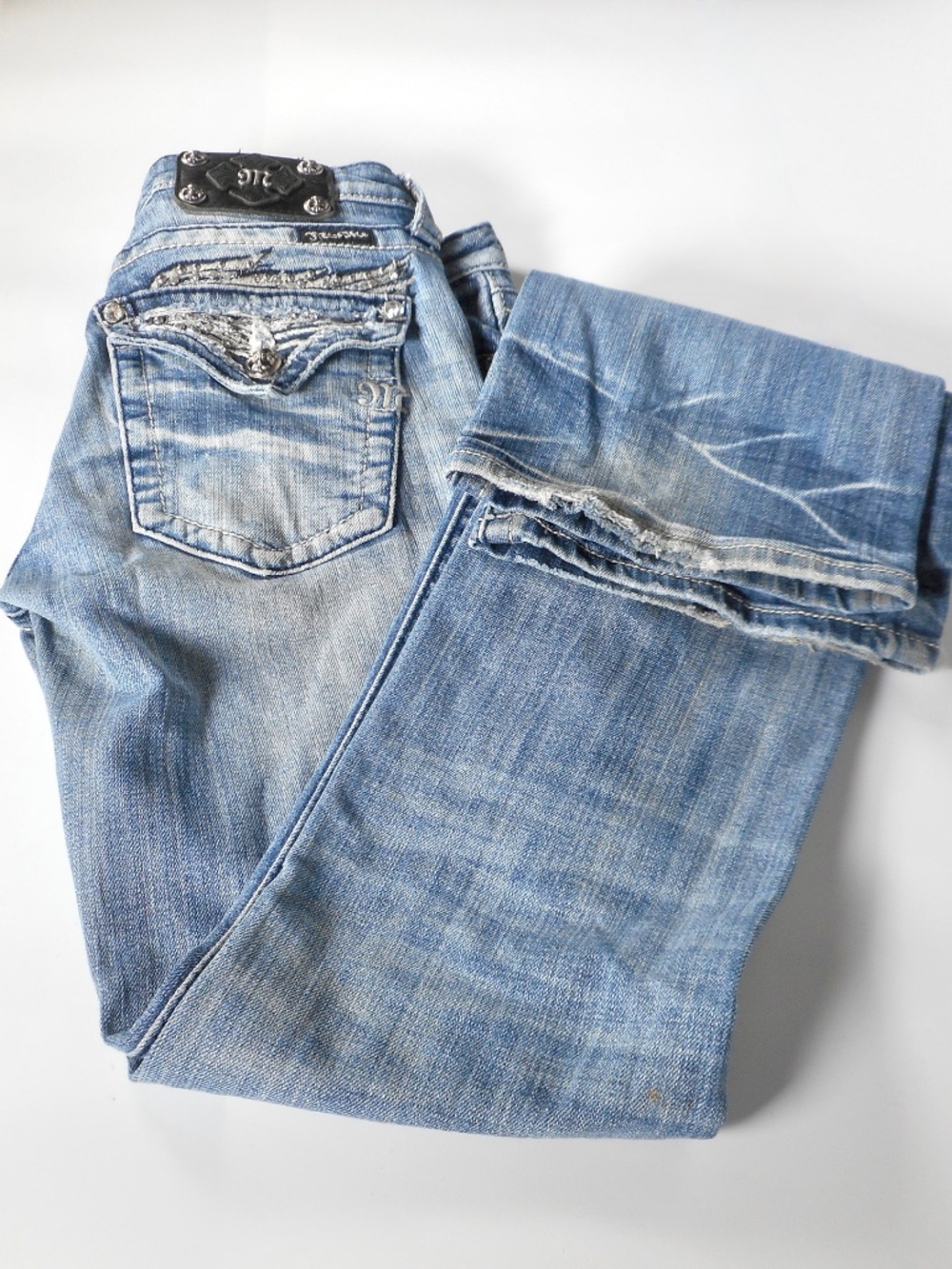 Miss Me Jeans Boot Cut Blue Denim 29 JP5330B2 Bejewel Wings Flap Distress 29x34 - Picture 9 of 15